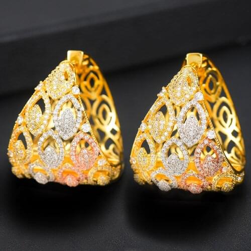 LARRAURI Geometry Full Mirco Cubic Zircon Nigerian Hoop Earrings Luxury Feather Chic Hoop Earring For Women Wedding Jewelry