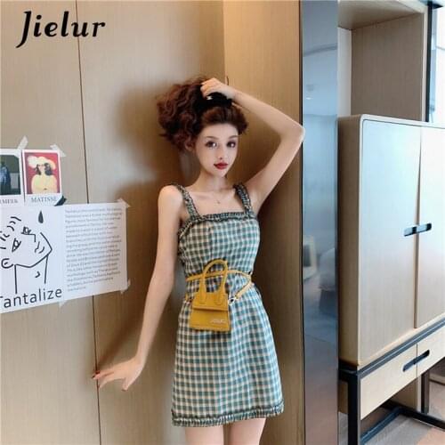 Jielur Plaid Summer Dress Sexy Mini Dresses Green Chic Ruffles Slim Beach New Robe Femme Backless Women Dress Elegant S-L