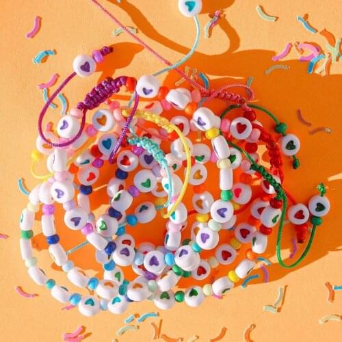 Vedawas Fashion Colorful Heart Beaded Bracelets for Women Korean Cute Rope Chain Adjustable Charm Bracelets Handmade Jewelry INS