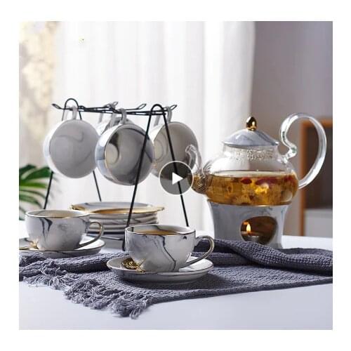 Marbling Porcelain Tea Set Nordic Ceramic Tea Cup Pot with Candler Strainer Floral Teapot Set Cafe Mug Teaware Coffee Cup Teacup