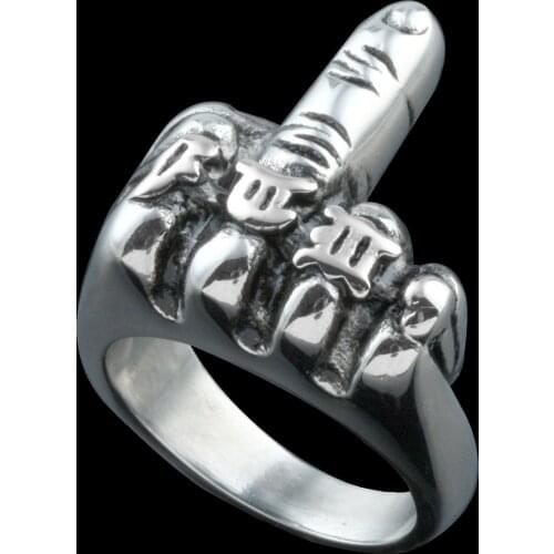 Gothic Style Punk Rock Personality Rings Stainless Steel Biker Silver Mens Erect Middle Finger Ring