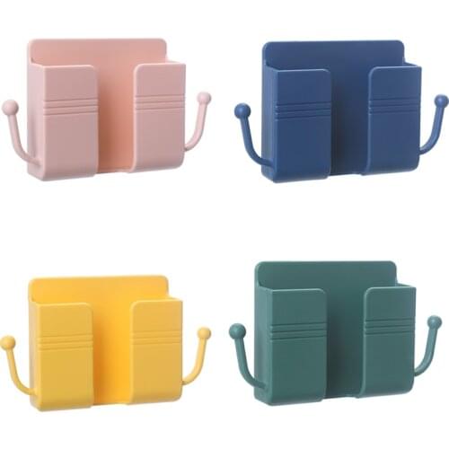 Wall-mounted Mobile Phone Charging Holder Remote Control Storage Box with Hook Self-adhesive Earphone Cable Hanger Organizer