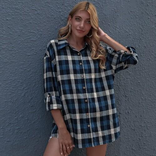 New Autumn Winter Warm Cool Shirt Single Breasted Long Sleeved Blue Plaid Cardigan Coat Loose Cotton Shirts