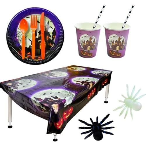 Halloween Party Disposable Tableware Paper Plate Cup Straw Tablecloth Docer Noctilucous Spider Toys Birthday Party Supplies zz33