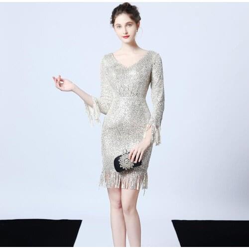 Silver Sequins Tassel V Neck Long Sleeve Mini Sheath Sexy Elegant Woman Party Dress Luxury Celebrity Dresses 2020 Nightclub Wear