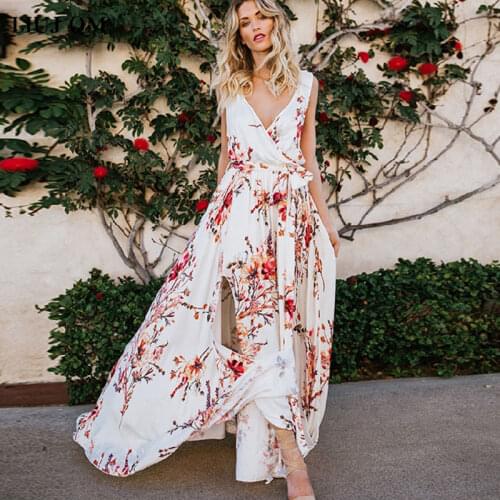 Summer Women Spaghetti Sling Dress V Neck Sleeveless Print Bohemia Dresses Sexy Long Print Floral Maxi Dress Backless Large Hem