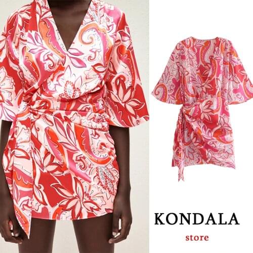 KONDALA Za 2021 Chic Red Floral Mini Pleated Dress Summer Vintage Short Sleeve V Neck Sashes Dress Beach Sexy Mujer Vestidos