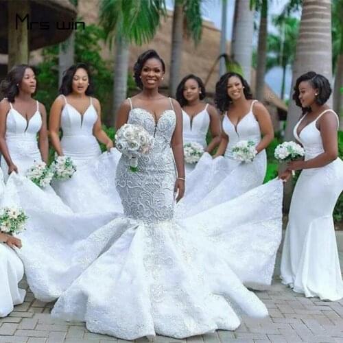 Mrs win Bridesmaid Dresses White Mermaid Wedding Party Dress HR313 Plus Size Sleeveless Long Elegant Vestido Madrinha For Girls