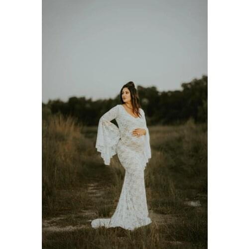 Sexy Lace Maternity Shoot Dress Flare Sleeve Fancy Pregnancy Dresses For Photography Long Pregnant Women Maxi Gown Photo Props