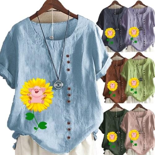 Womens New Fashion Summer Floral Printed Round Neck Short Sleeve T-shirt Casual Loose Solid Color Blouse Tops Plus Size