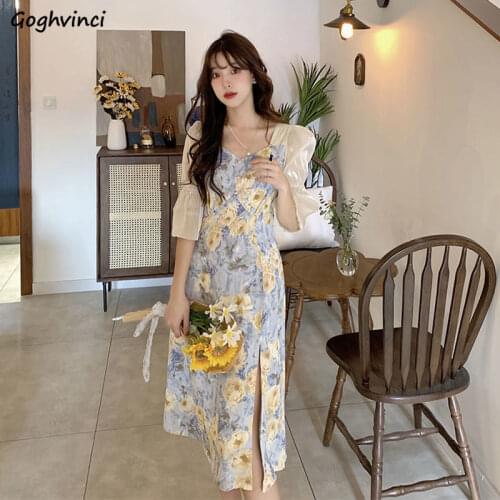 Dresses Women Spliced Romantic Printed Korean Style Elegant Empire Side-slit Feminine Trendy Vestdios Sweet Female Puff Sleeve