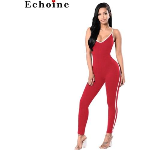 Women Sexy Jumpsuit Spaghetti Straps Sports Casual Side Stripe Sleeveless Backless Nighclub Rompers Long Pencil Pants Catsuit
