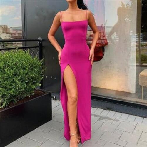 Sexy Split Solid Slim Lady Maxi Long Dress 2021 Fashion Party Elegant Outfits Bodycon Dress Autumn Women Spaghetti Strap Dress