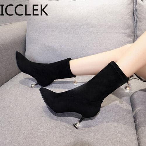 2020 New High Heel Woman Ankle Boots Point Toe Zipper Crystral Sexy Elegant Faux Suede Leather Womens Boots Shoes