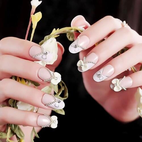 3D Bowknot Design Rhinestone False Nails Bride Wedding Full Cover Nail Art Tips with Glue 24PCS DIY French Tips Fake Nails