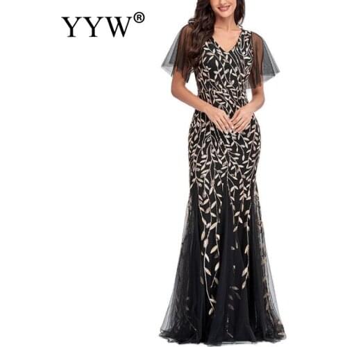 3xl Plus Size Evening Dresses Long Luxury Women Party Elegant V-Neck Mermaid Sequin Mesh Wedding Formal Gown Abendkleider 2021