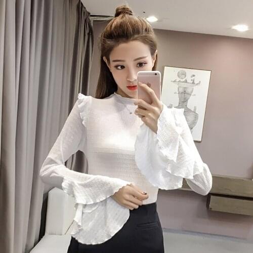 #8315 Black White Khaki Flare Long Sleeves Chiffon Blouse Women Slim Casual Basic Tops Femme Spliced Ruffles Sexy Autumn 2021