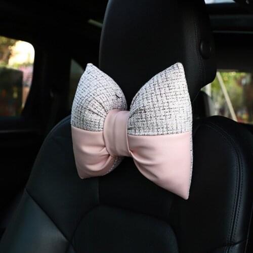 Car Neck Pillow Leather Pink Stitching Travel Pillow Car Seat Cushion Neck Support Headrest For Girl Women Car Interior Accessor