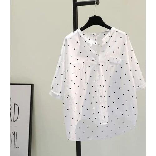 Polka Dot White Cotton Blouses Women Spring Autumn White Shirts Korean Casual Button Up Shirt Plus Size Casual Top Blusas Mujer
