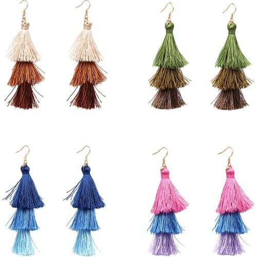 Bohemia Boho Ethnic Combine Joint Colors Earth tone Beige Navy Blue Pink Green Tiered Layers Tassel Dangle Earrings For Women