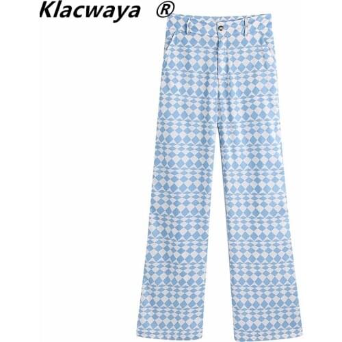 Klacwaya Za Women Blue Geometric Printed Pants Summer 2021 Fashion High Waist Trousers Female zipper Baggy Wide Leg Pants