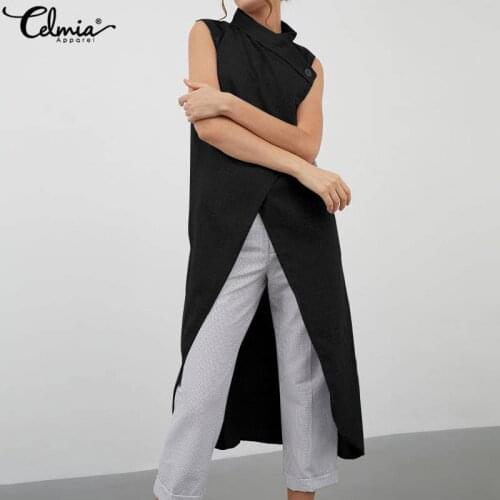 Celmia Asymmetrical Long Shirts Women 2021 Summer Sleeveless Sexy Buttons Tops Casual Loose Split Hem Chic Blusas Plus Size 5XL