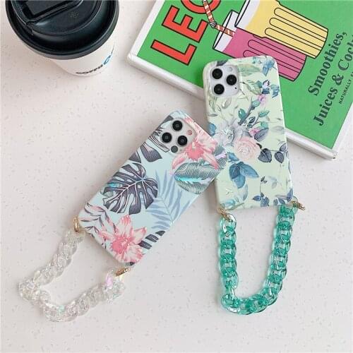 12Pro Summer Laser Flowers Crystal Chain Phone Case For iPhone 11 12 Pro Max XS Max X XR 8 7 Plus SE2 Soft IMD 12mini Back Cover