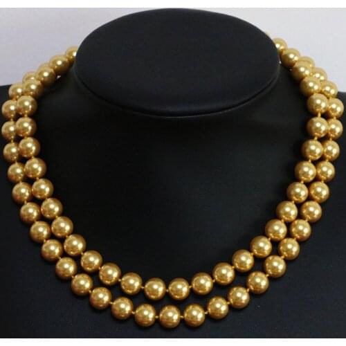 Elegant Gold-yellew Round Unique Shell Simulated-pearl 8,10,12,14mm Fashion Round Beads Long Chain Necklace Making 36inch B1444