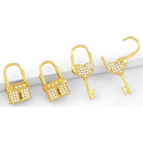 FLOLA Micro Pave Heart Padlock Earrings For Women Gold Vermeil Small Key Lock Drop Earrings Stone CZ Simple Jewelry Gift ersw10