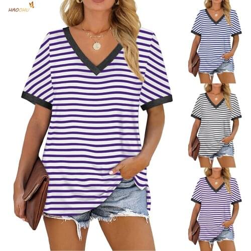 HAOOHU Summer 2021 Popular Striped V-neck Pullover Leisure Temperament Navy-Striped Shirt Short Sleeve T-shirt