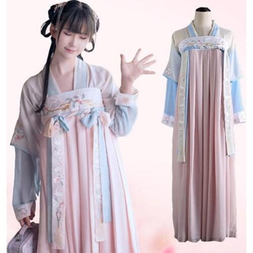 Chinese Improved Hanfu Summer New Women Embroidered Ancient Style Costume Chiffon Pink Cute Lolita Fairy Long Dress 2 Colors
