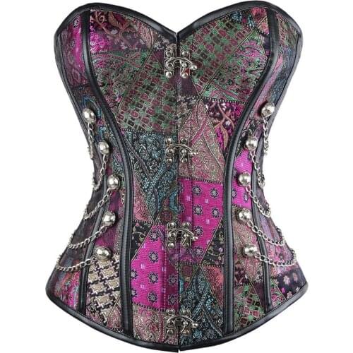 Waist Overbust Corset Steel Boned Corset Top Purple Floral Steampunk Corset Bustiers With Chain Sexy Gothic Spiral Boned Corsets