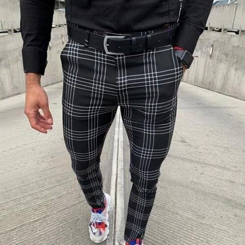 Mens Casual Pants Plaid Social Slim Fit Black Trousers Zipper Mid Waist Skinny Business Office Work Party Male Summer Stretchy