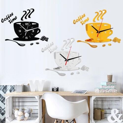 3D DIY Coffee Time Clock Acrylic Wall Clock Hanging Clocks Wall Sticker ClockSticker for Home Living Room Coffee Shop Decoration