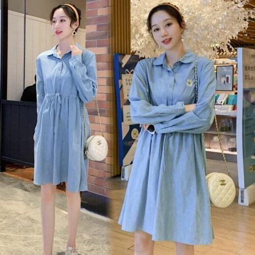 1802# Maternity Clothes Spring Autumn Turn Down Collar Long Sleeves Easy Matching Loose Stylish Dress for Pregnant Women