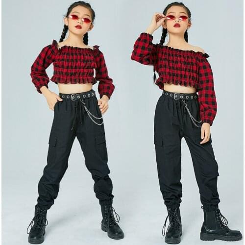 Hip Hop Clothing Girls Red Crop Tops Cool Hip Hop Pants For Kids Street Dance Stage Outfit Jazz Performance Costume DNV14310