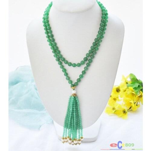 Wholesale 48" 8mm green bead with green Natural jade and white round pearl tassels sweater necklace