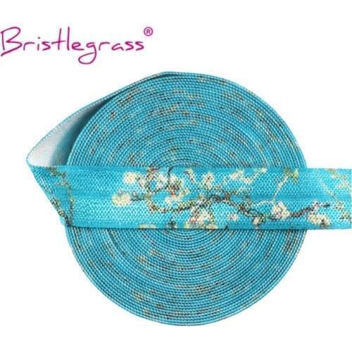 BRISTLEGRASS Wholesale 50 Yard 5/8" 15mm Van Gogh Almond Blossom Print FOE Foldover Elastic Spandex Satin Band Dress Sewing Trim