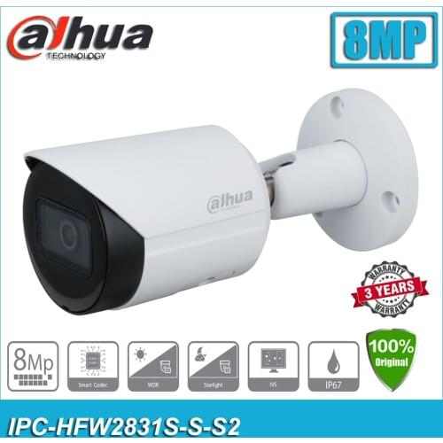 Original Dahua IPC-HFW2831S-S-S2 8MP Lite H.265 IP67 PoE IR Fixed-focal Onvif Mini Bullet CCTV Network IP Camera HFW2831S-S-S2