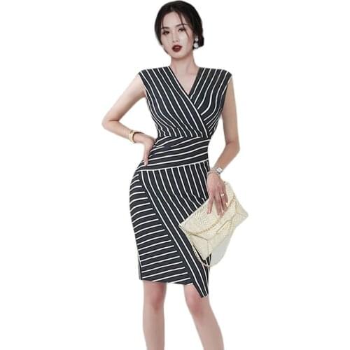 Sexy office tight Dress one piece korean ladies summer Sleeveless V neck stripe cabaret party Midi bodycon Dresses for women