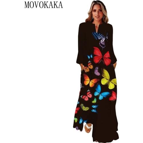 MOVOKAKA 3D Butterfly Printed Black Dress 2021 Casual Long Sleeve Elegant Dresses Woman Girls Breathable Autumn Long Dress Women