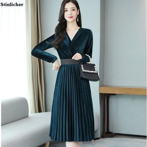 Pleated gold velvet dress women autumn winter sexy V-neck elastic waist long party dresses ladies fashion midi dress vestidos