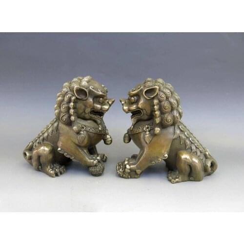 Details about Chinese Brass Copper Animal Feng shui Foo Dog Lion town house Statue pair