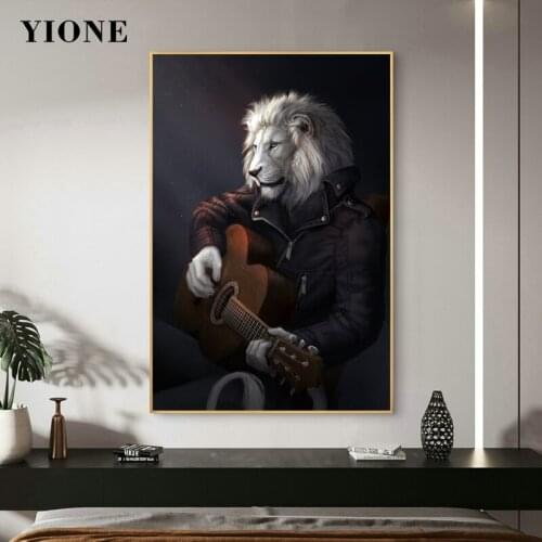 Vintage Lion with Play the Guitar Art Poster Custom Funny Abstract Animal Print Canvas Picture for Room Wall Decoration Painting