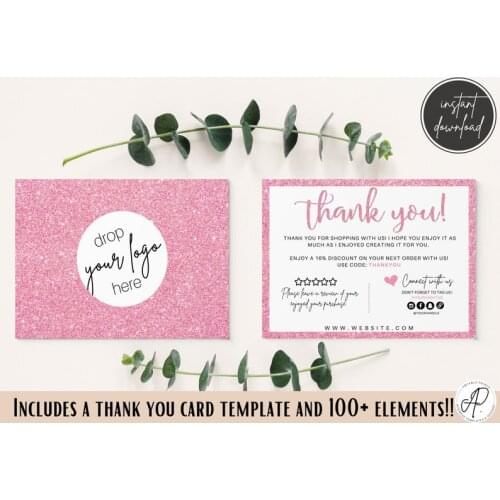 Editable Blush Glitter card,Poshmark Thank you cards,Business package template,Order insert card,Instant Download,Review card,Ad