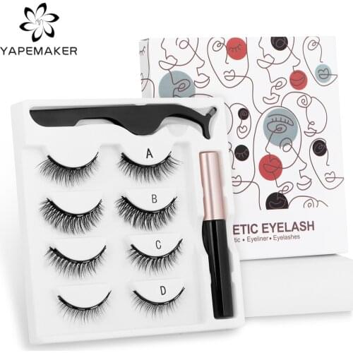 YAPEMAKER 4 Pairs Magnetic Eyelashes 3D Mink False Eyelash Natural Short Fake Lashes Magnet Eyeliner Set Makeup Extension tool