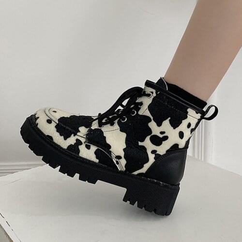 2021 New Cow Patterns Ankle Boots Women Med-heels Shoes Flock Footwear Platform Booties Fashion Retro Spring Ladies Short Boots