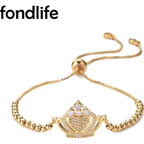 AAA Cubic Zirconia Crystal Crown Charm Bracelet Women Lady Sweet Cute Girl Princess Copper Beads Link Chain Slide Jewelry Gift