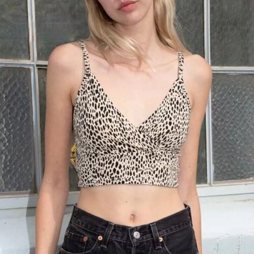 Women Cotton Blend Crossover V-neck Leopard Print Crop Tank Top
