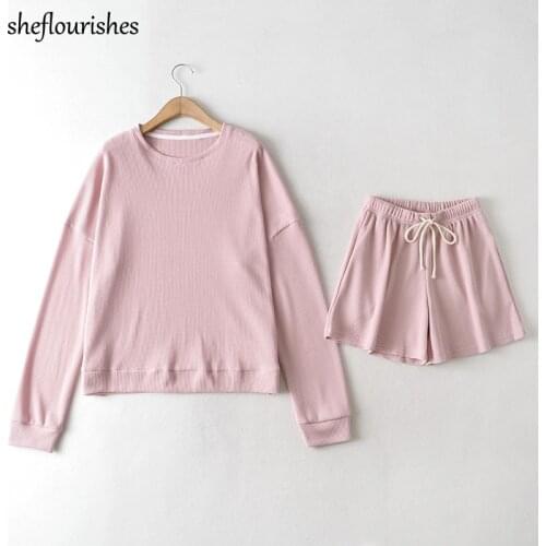 Summer sweatsuit women set casual sweatshirt korean oversized pullover elastic high waist shorts black wide leg shorts sets pink